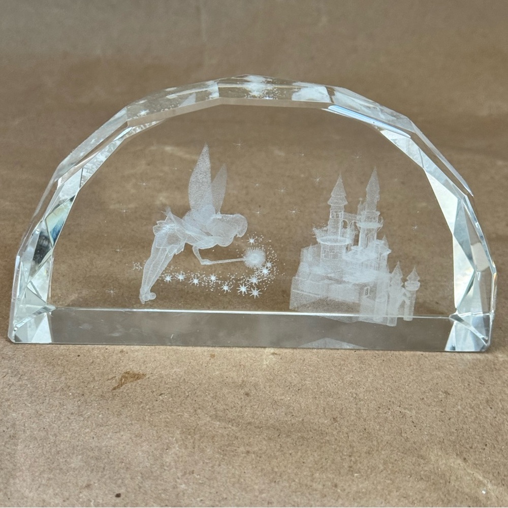 Disney Laser 3D Etched Tinkerbell Castle Glass Paperweight. 5.75” by 3” by 1.5”